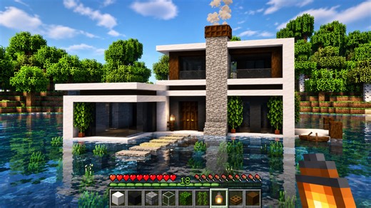 A calm Minecraft home built on shallow water