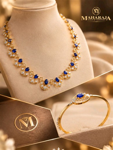 💙✨ Elegance in Every Detail! Discover the timeless beauty of sapphire blue stones paired with sparkling diamonds and luxurious gold. 💎 From a stunning Necklace to a graceful Bangle, Ring, and matching Earrings, every piece reflects elegance, beauty, and sophistication. ✨ Make every moment special with exquisite jewellery from **MAHARAJA GOLD & DIAMONDS**. 👑💛 📍 Visit us and explore your favourite collections! #MaharajaGoldAndDiamonds #GoldJewellery #SapphireJewellery #DiamondJewellery #Jewel