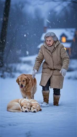 Heartwarming Rescue: Golden Retriever Mom Saves Her Freezing Puppies Description: In this touching winter story, a devoted Golden Retriever mother desperately howls for help to save her two puppies trapped in the deep snow. Watch as she bravely seeks assistance from a nearby cottage and leads a kind elderly woman to the rescue. Witness the emotional journey from the freezing cold to a cozy, warm cabin where the puppies are dried off, fed, and given adorable plaid coats. A truly heartwarming tale