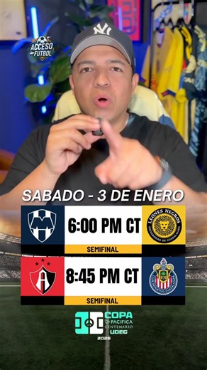 AccesoFutbolMX on Instagram: "Copa Pacífica 2026 HOY 🔥 Semifinales en el Estadio Jalisco: 🕕 Leones Negros vs Monterrey (6:00pm CT / 7:00pm ET) 🕣 Atlas vs Chivas (8:45pm CT / 9:45pm ET) 📺 Dónde ver: ESPN3 + Disney+ (Premium en listings MX/LatAm). En USA, checa el ESPN App/ESPN3 en tu guía. #CopaPacifica #LigaMX #Chivas #Atlas #FutbolMexicano #Pretemporada #ClásicoTapatío #ESPN3 #DisneyPlus"