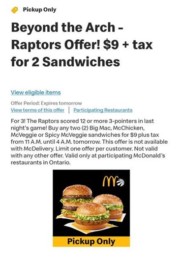 [McDonalds] Two cheeseburger/chicken jr for $6 Thursday April 30 (GTA Beyond the Arch deal-day after Raps score 12 three pointers) - Page 4 - RedFlagDeals.com Forums
