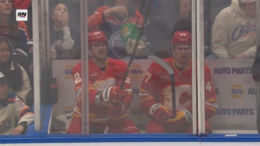 Mackenzie Weegar receives a game misconduct for tapping the glass in the penalty box. | Sportsnet