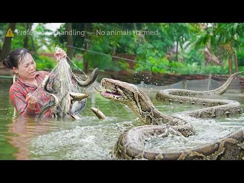 SHOCKING! Huge Python Ambushes Girl in Pond While Catching Fish 😨🐟🐍