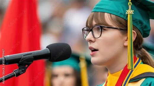 Commencement Address: A young woman, adorned in a graduation gown, delivers a passionate speech at a commencement ceremony, capturing the essence of academic achievement and future aspirations.