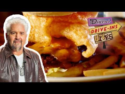Guy CRUNCHES into a Dynamite BBQ Burger with Chicharrón | Diners, Drive-Ins and Dives | Food Network