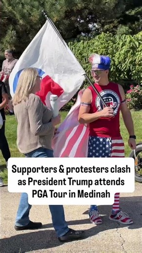 Demonstrators clash, security heightened as Trump attends final day of Presidents Cup at Medinah
