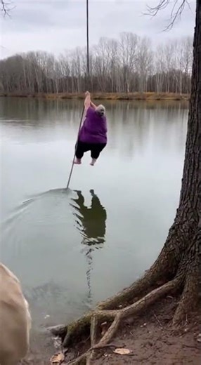 Woman Swings Over Lake On Rope Tied to Tree as The Tree Falls On Her #swing #outdoor #oldpeople