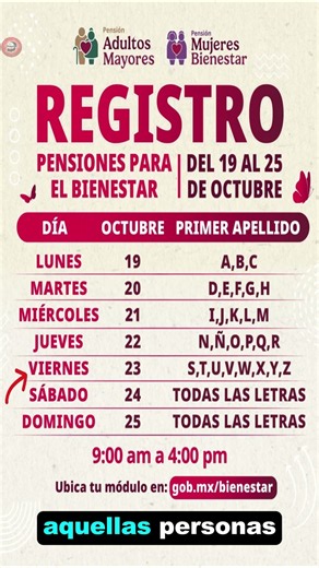 CALENDARIO de REGISTRO de pension bienestar OCTUBRE del 2026 letras S, T, U, V, W, X, Y, Z