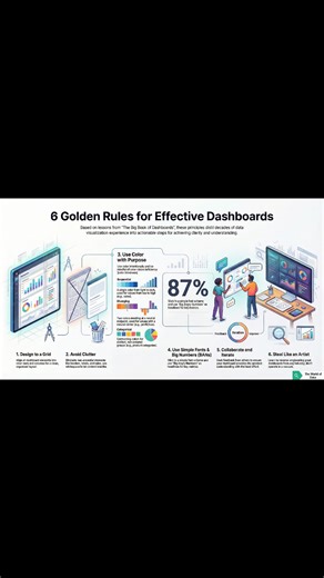 🎯 The Quick Guide to Building a Professional Dashboard If your dashboard: ❌ Isn’t clear at first glance ❌ Raises more questions than it answers ❌ Looks nice but has little impact Then the problem is usually design — not data 👇 6 Golden Rules from 30 Years of Data Visualization Experience: 1️⃣ Design with a Clear Grid The human eye loves structure → faster understanding, less effort. 2️⃣ Avoid Clutter More elements ≠ more value. Simplicity is a strength, not a weakness. 3️⃣ Use Colors with Purp
