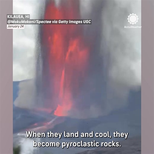During an eruption at Kilauea volcano in Hawaii, hot lava rocks known as pyroclasts are blasted into the air and land near homes. | AccuWeather