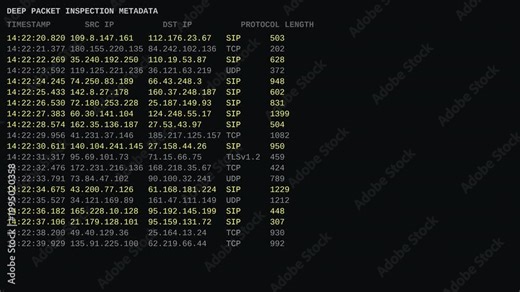 Deep packet inspection wiretap terminal capturing network metadata IP addresses and communication protocols for cybersecurity