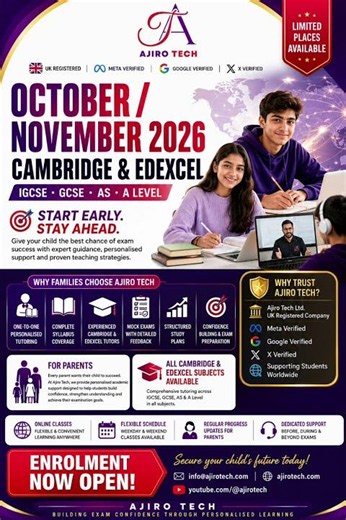 Enrol in our October/November 2026 Cambridge & Edexcel IGCSE, GCSE, AS & A Level Classes