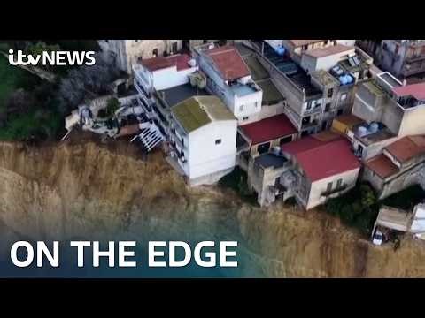 Dramatic drone footage shows houses on cliff edge after landslide | ITV News