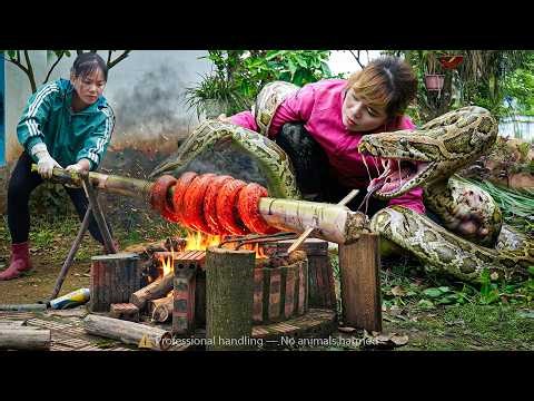 Timelapse -- Terrifying! Giant Python Attacks a Girl in the Grass | Grilling a Giant Python
