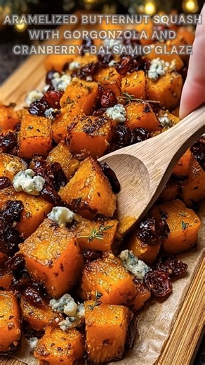 Butternut squash cubed and tossed with honey, salt, and pepper. Roast at 400°F for 30 minutes. Drizzle with cranberry-balsamic glaze and top with Gorgonzola. Sweet, tangy, and creamy with golden edges and melty bites. Ingredients ➤ 1 medium butternut squash (about 900 g), peeled, seeded, cubed ➤ 2 tbsp olive oil ➤ 1 tbsp honey or maple syrup ➤ ½ tsp sea salt ➤ ¼ tsp black pepper FULLL Recipe in First Cօʍʍеոτ 👇👇👇 | Nessy Recipes