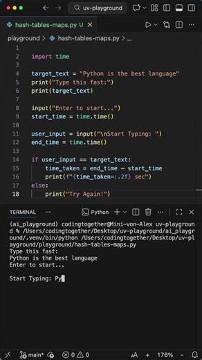 Typing Speed Game - Python for Beginners #programming #python #coding Here is a simple project to test your typing speed in Python. The idea is to write a given text as fast as possible and measuring the start and the end time and giving out a difference as time taken. And that's it. As simple as this. Master coding skills! | Laskenta Technologies Limited