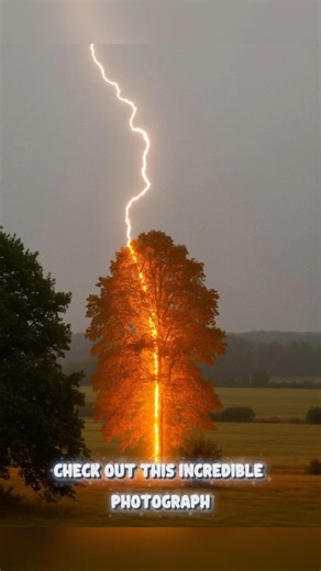 Informative Sisters on Instagram: "This incredible photo captures lightning striking a tree at the exact moment of impact. Lightning bolts can reach temperatures of 30,000 Kelvin (53,540°F)—five times hotter than the surface of the sun. When lightning hits a tree, the intense heat instantly vaporizes moisture inside the wood, causing steam to expand explosively and often splitting or exploding the tree from the inside out. The electrical current follows the path of least resistance, typically ru
