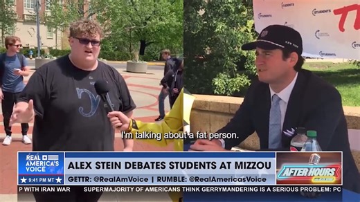 Primetime @alexstein99 debates University of Mizzou student who screamed 'I'm fat and happy!':"Can you tell me you're not a little anxious and depressed? That you're like 300 pounds?"From After Hours with Alex Stein on @RealAmVoice