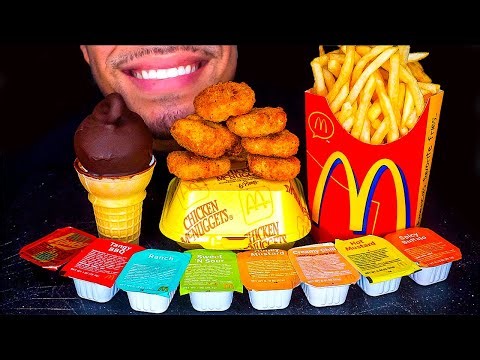 MCDONALD'S CHICKEN NUGGETS ICE CREAM CONE DIPPED CHOCOLATE CRISPY FRENCH FRIES BIG BITES ASMR MUKBAN