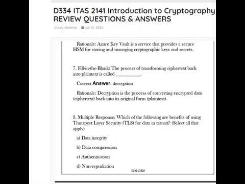 D334 ITAS 2141 Introduction to Cryptography LATEST FINAL ASSESSMENT REVIEW QUESTIONS & ANSWERS