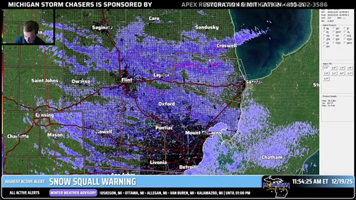 Michigan Storm Chasers is LIVE with severe weather coverage for Michigan. A round of snow squalls are moving through here on December 19th, 2025. The best way to support these streams for free is to smash that like button as soon as you see it. Thanks in advance! – About the Michigan Storm Chasers – Established in 2022, MSC provides wall-to-wall coverage for the entire state of Michigan from beginning to end during all severe weather events big and small. In 2024, MSC went live for every single 