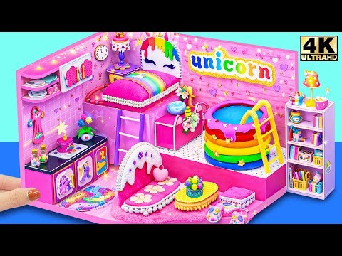 Making a Dreamy Unicorn Dollhouse Room with Rainbow Pool for Two 🌈✨ DIY Miniature House