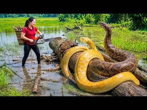 Catching Giant Python Hidden in Rotting Wood & Go to Market Sell | How to make whole roasted python