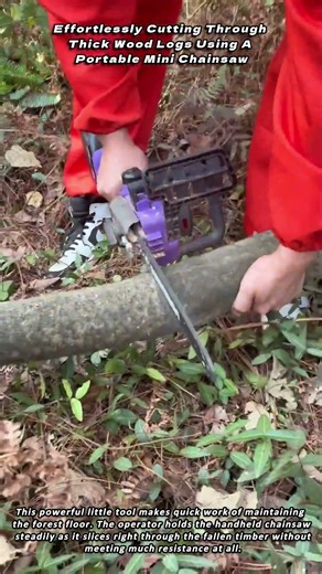 Effortlessly Cutting Through Thick Wood Logs Using A Portable Mini Chainsaw