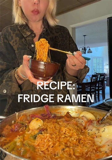 Fridge Ramen Recipe: 8 cups of water 1/4 cup Gochujang (red pepper paste) 1/4 cup soy sauce 1/4 cup sugar or brown sugar 2 tablespoons garlic powder 1/2 large yellow onion, sliced 1 cup kimchi (optional) 1-2 tablespoons curry powder (optional) Add-ins this time: Brisket sausages Red cabbage Carrots Snap peas Green onions Boiled eggs Roasted sweet potato Asparagus 2 packs of ramen Water as needed Black sesame seeds, for topping 3-4 cups of cheese for topping 🤭 Other add-ins I’ve done: Heavy crea