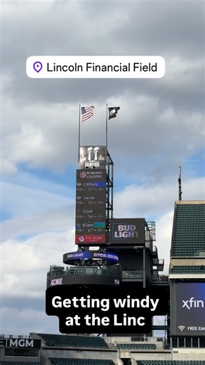 John Clark NBC on Instagram: "You can see the wind is picking up here. And by game time it’s supposed to be 20 MPH with 30 to 40 mph wind gusts. Too many windy games this year here in South Philly. The Bears and Lions games: the passing was really affected, especially trying to pass going north on the field"