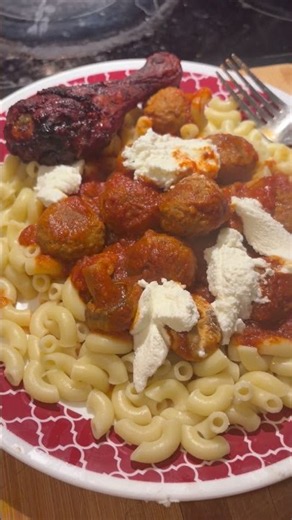 Tada! Macaroni noodles, Swedish meatballs ricotta cheese, and drumsticks