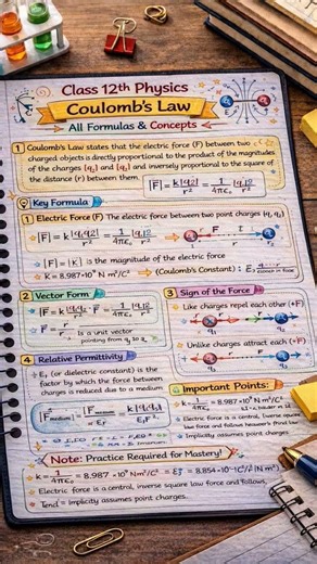 ⚡ Coulomb’s Law | Class 12 Physics Definition, Formula & Numericals 📚✨CBSE Notesmaster physic topper