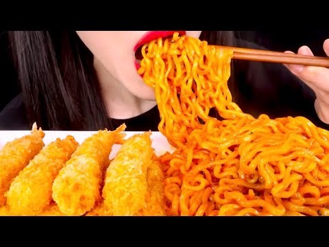 ASMR Spicy Fire Noodles and Fried Shrimp Eating Show, 2x Speed, Big Bites @ZOEYASMR 