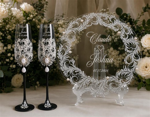 Black Wedding Champagne Flutes, Groom Bride Glasses, Cake Server Set, Sign and Gift Box - Etsy