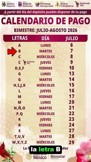 CALENDARIO de PAGOS de JULIO 2026 letra B | ¿Cuando pagan la pension bienestar?