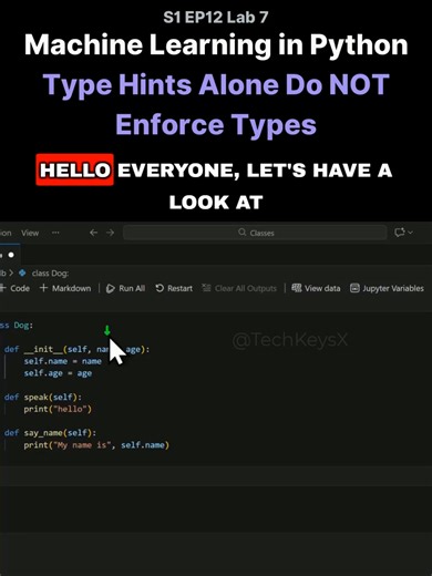 V - S1 EP12 Lab 7 - Machine Learning in Python - Type Hints Alone Do NOT - Enforce Types #learnpython #machinelearningbasics #mlforbeginners #algorithims #vscode #machinelearning #dataengineering #PythonForDataScience #codingforbeginners #python #jupyternotebook #softwaredeveloper #datascience #pythoncoding #datascienceforbeginners #machinelearningtutorial #machinelearningmodels #jupyterlabs #aiexplained #statistics