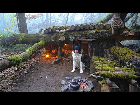 Building a Secret Dugout Under Fallen Tree for Survival. Bushcraft Shelter Camping