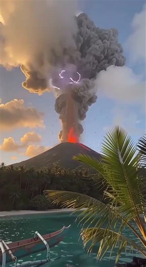 A massive plume of ash and glowing lava explodes from the crater.The contrast between the dark smoke