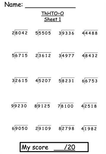 4-Digit ÷ 1-Digit Division Worksheet Short
