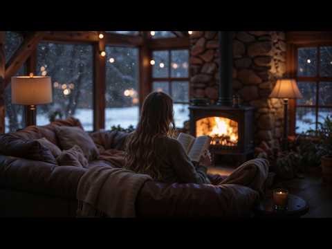 Cozy Cabin Ambience: Reading by Fireplace & Falling Snow / Ambient TV Background & Screensaver