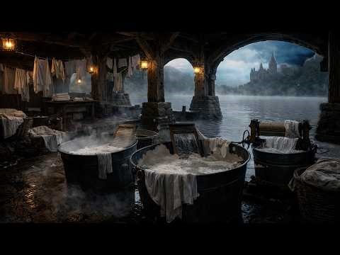 Medieval Laundry by the Lake 🌫️ Relaxing Water Sounds, Night Ambience for Sleep & Study