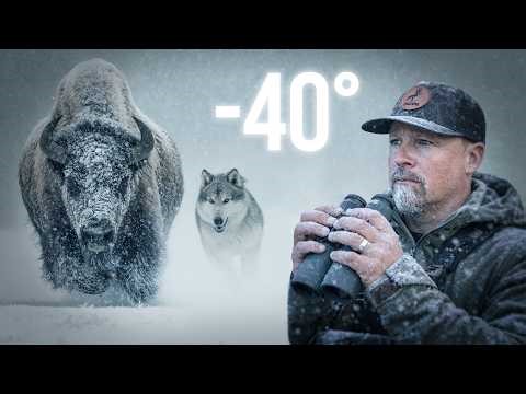 Wolves Hunting Bison in Yellowstone Below Zero