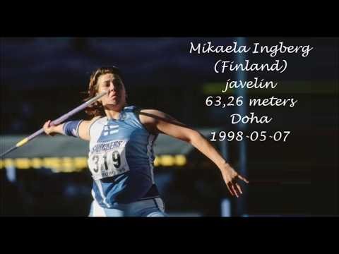 Mikaela Ingberg (Finland) javelin 63.26 meters Doha 1998-05-07.