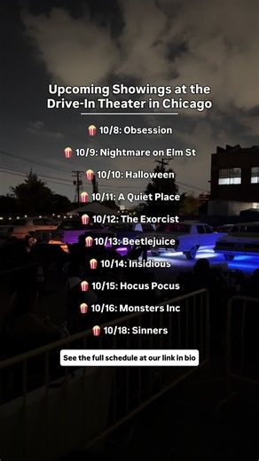 The perfect night out 🎬✨ Get 18% off tickets only at our link in bio 👈 Load up the car with your friends or family for a cozy fall movie night at Chicago’s only drive-in movie theater. Watch a classic spooky film or a movie classic from your trunk or set up lawn chairs under the stars. Order food from your phone and skip the lines—they’ll bring the popcorn and drinks right to you. 🍔🍿Pets are welcome too! Which movie do you want to watch? #chicago #chicagobucketlist