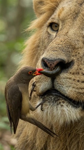 A Leech Trapped in a Lion’s Nose! 😱🦁 This Tiny Bird Pulled It Out!#wildoxpecker#wildlife#oxpecker