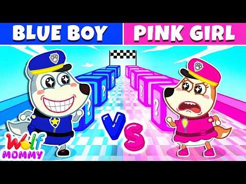 Sheriff Challenge: Blue Boy vs Pink Girl Race! 🚔 Kids Learn Teamwork & Smarts | Mommy Wolf Cartoon