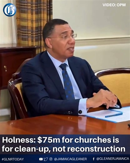 The Government’s $75-million allocation to churches damaged by Hurricane Melissa is not for reconstruction but to assist with debris removal and property clean-up, says Prime Minister Dr Andrew Holness. Read more: https://jamaica-gleaner.com/article/news/20260106/holness-75m-churches-clean-not-reconstruction #GLNRToday | Jamaica Gleaner