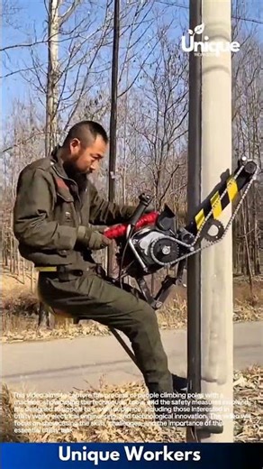 High-Risk Utility Work: Man Repairs Electric Pole Using Specialized Climbing Machine