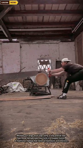 Traditional Long Saw Wood Cutting Process for Splitting Large Timber Logs