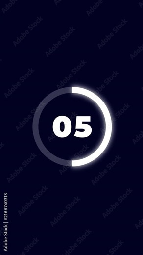 Minimalist vertical countdown timer from 09 to 00 featuring a white glowing circular progress bar and numeric digits on a dark navy blue background for social media and reels